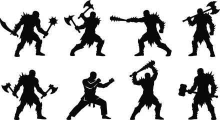 Fantasy warrior silhouettes wielding weapons set, barbarian fighters combat poses collection, medieval battle characters isolated black on white background illustration