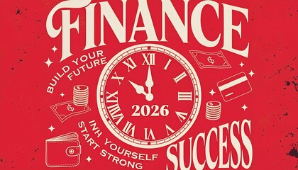 bold and engaging graphic design on a distressed red background, centered around the theme of "FINANCE" and "SUCCESS"