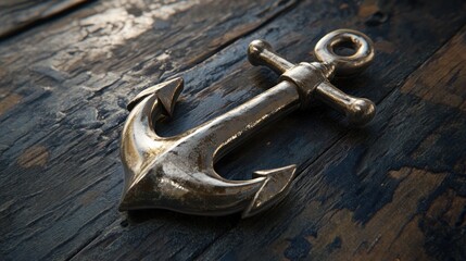 Detailed close-up view of a metallic anchor on a weathered wooden plank surface.