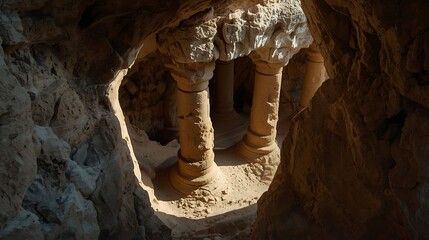Ancient stone columns in a cavern