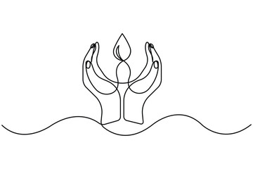 Continuous one line art drawing of human hand holding water drop design vector illustration