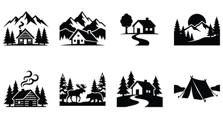 Set of black mountain cabin silhouettes, camping tent, forest animals, and nature landscapes for outdoor adventure, hiking, and travel designs