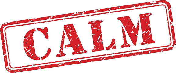 A rectangular red stamp displaying the word calm in bold uppercase letters isolated on a white background