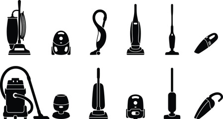 Set of black vacuum cleaner silhouettes featuring robotic, handheld, upright, canister, and industrial models for home cleaning, maintenance, and appliance service © Shihab Creative