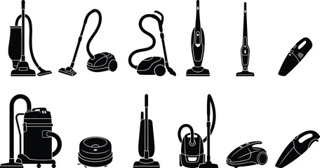 Set of black vacuum cleaner silhouettes featuring robotic, handheld, upright, and canister models for home cleaning, household maintenance, and appliance service © Shihab Creative