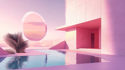 Pastel pink futuristic architecture with pool, reflecting sky, and plant.
