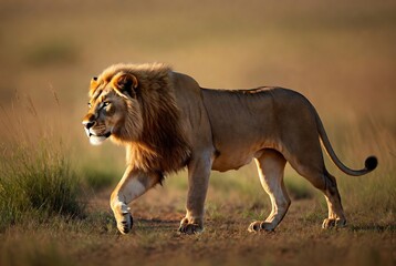 Obraz premium Powerful male lion with a majestic golden mane walking through dry savanna