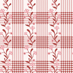 Floral whimsy pattern pink tartan background with flower vines. Farmhouse rustic backdrop and floral stripes grandmillenial style