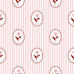 Rustic Romantic Meadow pink Flowers and red Stripes Vector Seamless Pattern. Cottagecore Garden Flowers print