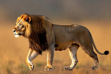 Majestic male lion with a full dark mane walking through golden savanna