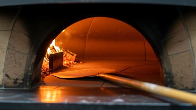 Wood-fired pizza oven with flame.