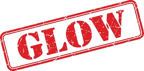 A vibrant red stamp displaying the word glow in bold stylized lettering isolated on a clean white background