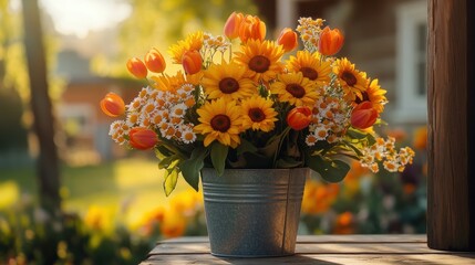 Vibrant bouquet of sunflowers, tulips, and daisies in a galvanized metal bucket outdoors, bathed in warm sunlight.