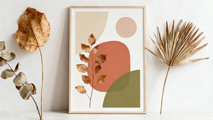 Boho minimalist interior frame mockup with dried leaves, wooden frame, and abstract art print. Natural neutral tones, clean modern styling, perfect for artwork, poster, branding, and wall art display