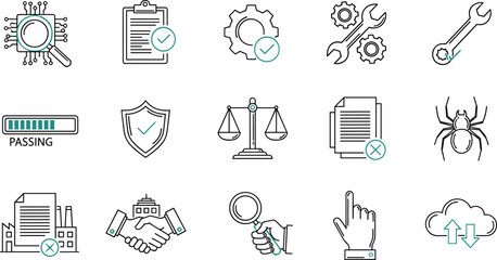 Cybersecurity icon set, digital compliance symbols, tech inspection visuals, secure system tools, cloud sync graphics, malware alert icons, modern IT workflow illustration