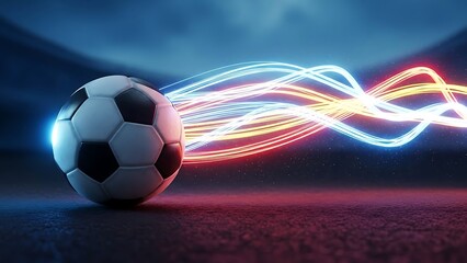 Soccer ball with glowing neon light trails symbolizing energy, speed, and dynamism in the sport.