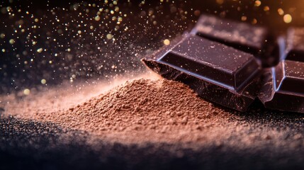 Dark chocolate bar on cocoa powder.