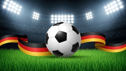 Soccer Ball on a Green Grass Field in a Stadium with Germany Flag Ribbons, Concept for German Football Championship, National Team and Sports Tournament