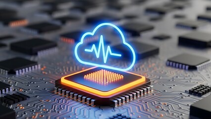 Cloud computing technology concept featuring a glowing neon blue cloud icon on a modern computer processor chip and circuit board for data storage and network services.