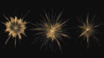 Abstract gold burst explosion graphic design, three variations on black background.