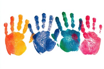 Four colorful handprints in vibrant hues on a white background