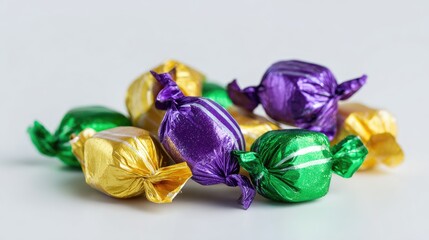 Colorful wrapped candies piled on a white surface