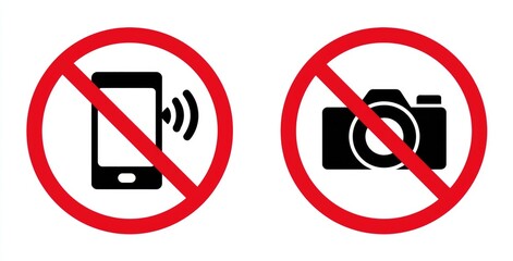 Two red prohibition signs.  One displays a phone with a signal, the other a camera.  Indicates no cell phone use, no photography