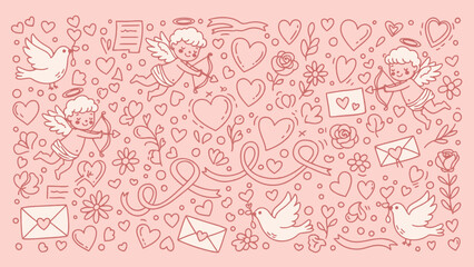 Valentines Day seamless pattern with hearts and love symbols.