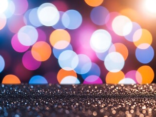 Colorful Bokeh Lights Background with Sparkling Dark Glitter Foreground, Nightlife Party and Festive Celebration Concept with Vibrant Circles