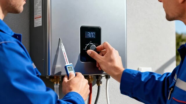 Technician adjusting control settings on an electric tankless water heater while checking temperature output demonstrating precise home hot water management.
