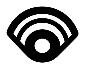 Black fan-shaped graphic with three concentric white arches over a central white circle