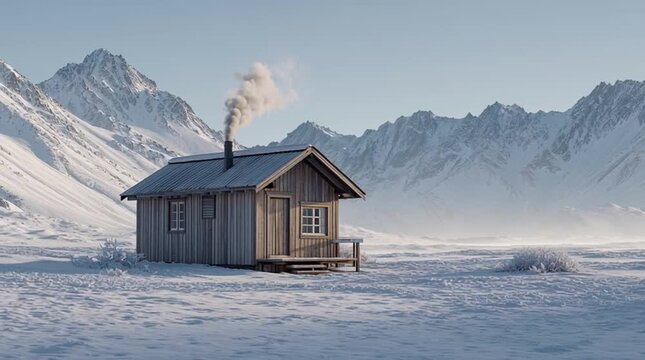 Wooden cabin in snowy landscape with smoke rising from chimney, showcasing the serene winter scene and majestic mountains in the background, emphasizing the tranquil environment