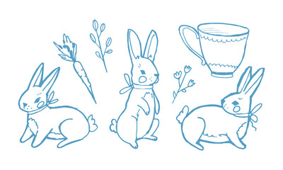 Obraz premium Cute blue line art bunny set with rabbits in different poses, bow ties, carrot, mug and floral branches. Hand drawn outline illustration for nursery decor, kids prints, cards, packaging and branding.