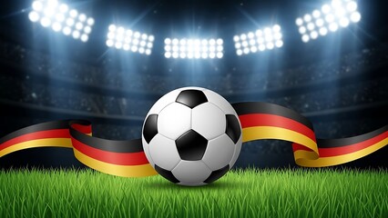 Classic Soccer Ball on a Green Grass Field in a Professional Stadium with German Flag Ribbons, Sport Background for Germany National Team and Football Games