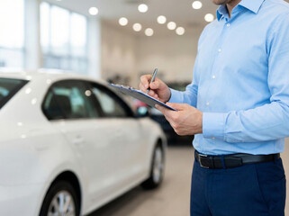 Professional vehicle inspection documentation with clipboard and white car side view and inspector body from neck down in modern service center