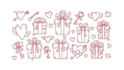 Hand-drawn line art collection of Valentine's Day elements including gift boxes, winged hearts, arrows, and keys, perfect for romantic designs.