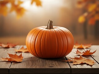 Large Orange Pumpkin on a Wooden Table Surface with Fallen Autumn Maple Leaves and Blurred Nature Background