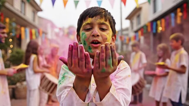 A joyful indian boy holds up his vibrant, powder-covered hands during the festive holi celebration on a colorful street.