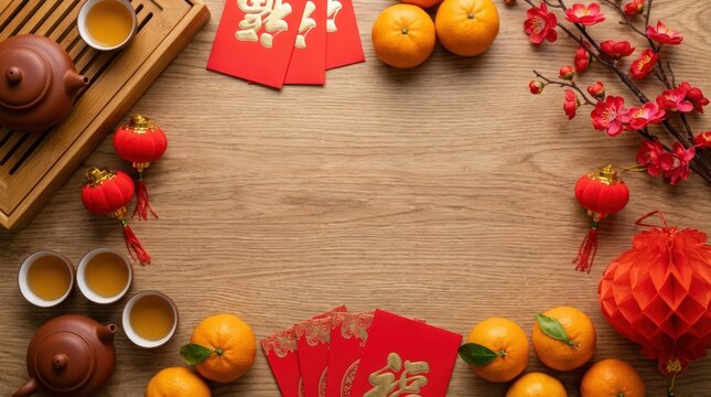 Celebration of lunar new year with traditional tea and oranges festive table setup indoor environment top-down view cultural significance and symbolism