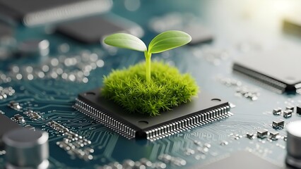 Green sprout growing from a computer microchip on a circuit board, symbolizing green technology, sustainable innovation, and eco-friendly digital solutions.
