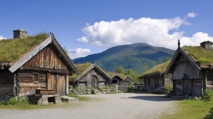 Traditional wooden structures with sod roofs stand before a large, tree-covered mountain under a bright sky.