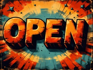 Bright Comic Book Style Open Sign with Radial Burst Effect