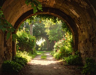 View through a stone archway into a lush garden path, sunlight filters through the foliage. The scene evokes tranquility
