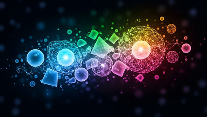 Abstract Futuristic Molecular Structure or Data Network. Colorful Geometric Shapes and Wireframe Spheres on Dark Background.