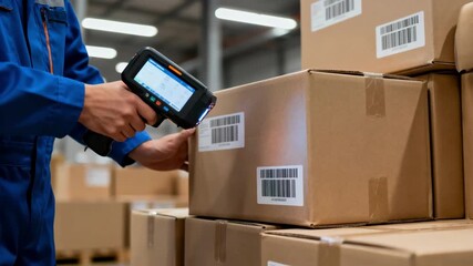 Medium shot of a warehouse worker scanning barcodes on boxes to update stock levels using inventory management software on a handheld device.