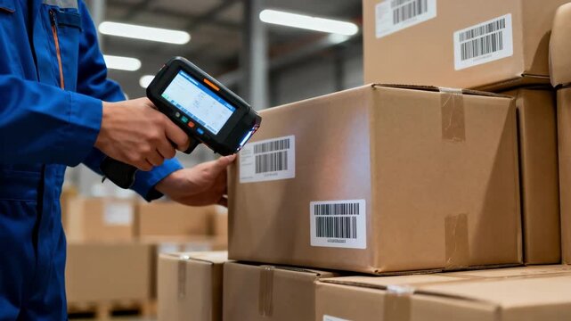 Medium shot of a warehouse worker scanning barcodes on boxes to update stock levels using inventory management software on a handheld device.