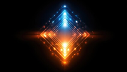 Glowing diamond-shaped illustration with vibrant blue and orange gradient elements
