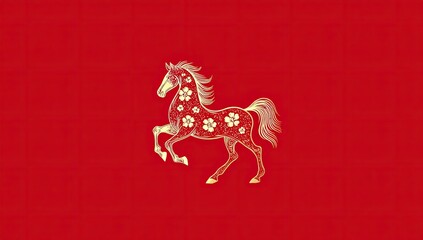 A golden horse adorned with floral patterns, set against a vibrant red backdrop