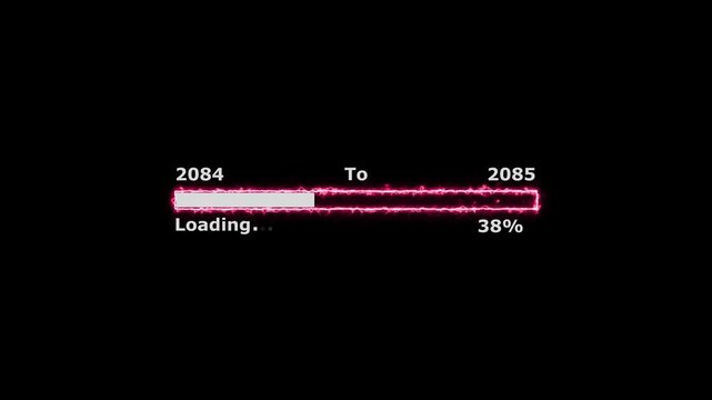 Loading 100 percent complete progress bar digital interface technology modern design white color animation. New year 2084 to 2085 loading animation. Neon bright rectangle frame black background.