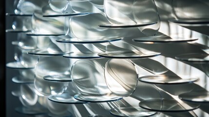 Abstract art installation of overlapping, translucent discs casting shadows.